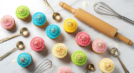 Colorful cupcakes on white marble table with rolling pin and spoonの素材
