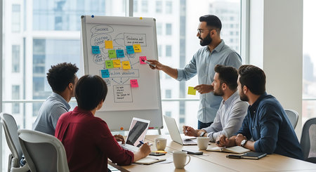 Businessman giving presentation on whiteboard to colleagues in office. Multiethnic business team brainstorming together.の素材