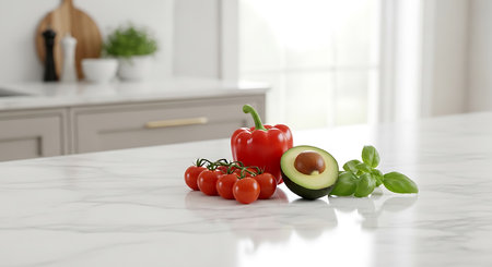 Fresh vegetables on white marble table in kitchen, closeup. Space for textの素材