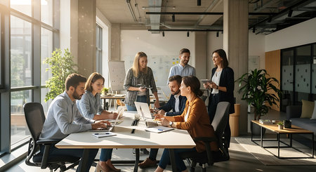 Group of business people working together in modern office. Teamwork conceptの素材