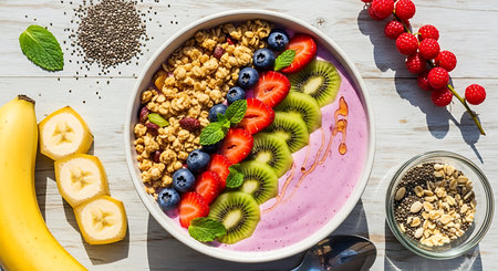 Healthy breakfast bowl with granola, yogurt, berries and fruitsの素材