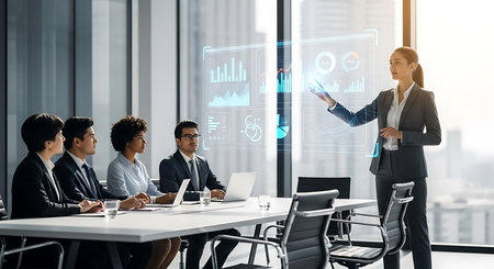 Businesswoman pointing at virtual panel with graphs and diagrams. Teamwork conceptの素材