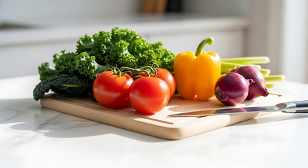 vegetables on a cutting board on a white kitchen table.の素材