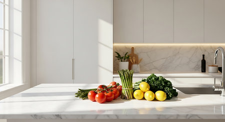 3d rendering of white marble countertop in modern kitchen with fresh vegetablesの素材