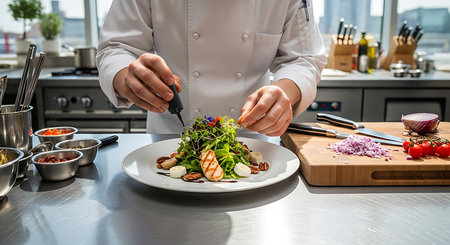 Chef preparing a salad in the kitchen. The concept of a healthy lifestyle.の素材