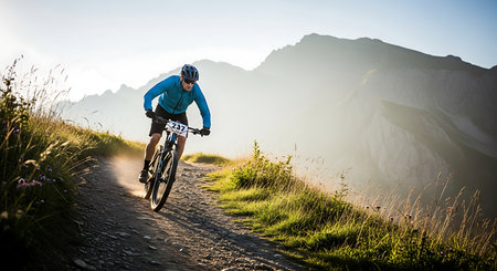 Cyclist Riding the Mountain Bike on the Trail at Sunset. Extreme Sport Concept.の素材