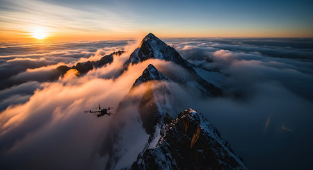 Aerial view of drone flying over clouds at sunset, Himalaya, Nepalの素材