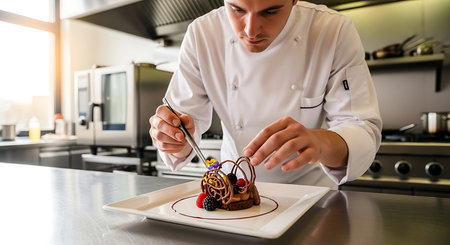 Chef decorating chocolate cake in the restaurant kitchen, closeupの素材