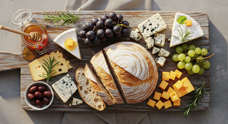 Cheese platter with grapes, honey and nuts on wooden boardの素材