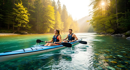 Young couple kayaking on the mountain river. Sport and active life conceptの素材