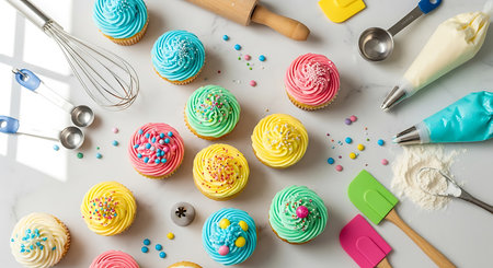 Flat lay composition with delicious cupcakes and kitchen utensilsの素材