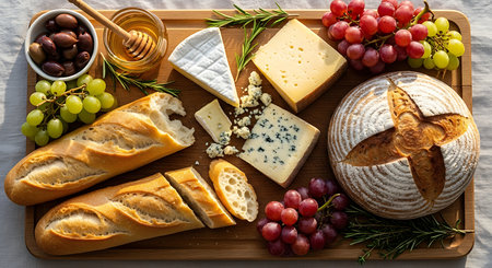 Cheese platter with grapes, nuts, honey and bread.の素材