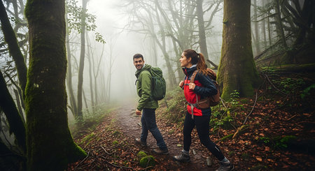 Couple of hikers walking in the foggy forest. Active lifestyle.の素材