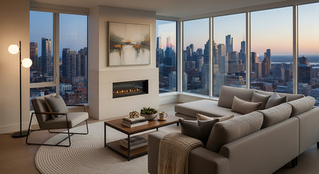 Luxury living room with fireplace, sofa and armchairs.の素材