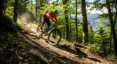 Mountain biker riding on a forest trail. Extreme sport.の素材