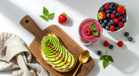 Healthy breakfast with toasts, berries and smoothie on white backgroundの素材