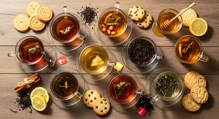 Various kinds of tea with cookies on wooden table. Top view.の素材