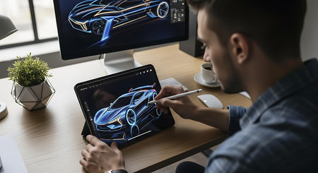 young man using tablet computer at home office, car model on screenの素材