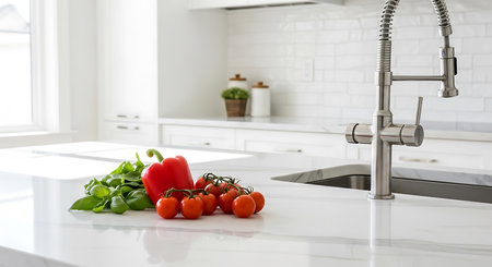 Fresh vegetables on a white marble countertop in a modern kitchen with a faucetの素材