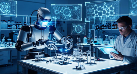 Scientific research and development concept. 3D rendering robot working in laboratoryの素材