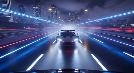 car on the road with motion blur and cityscape background at nightの素材