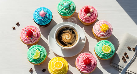 cup of coffee and colorful cupcakes on white table, top viewの素材