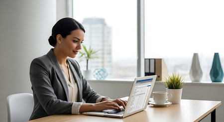 Businesswoman working on laptop in office. Businesswoman using computer at workplace.の素材