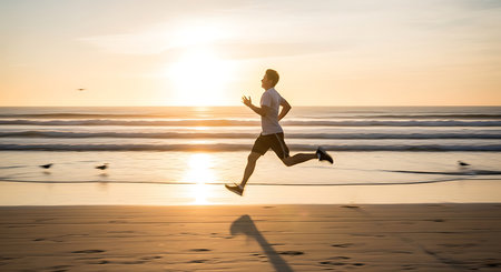 Young man running on the beach at sunrise, fitness and healthy lifestyle conceptの素材