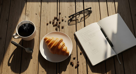 Coffee cup, croissant and notebook on wooden tableの素材