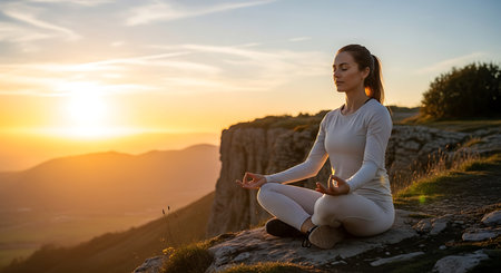 Young woman practicing yoga on top of a mountain at sunset. Healthy lifestyle concept.の素材