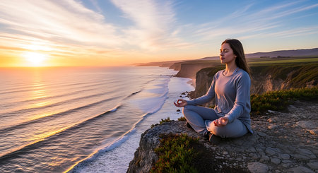 Young woman practicing yoga on a cliff in front of the ocean at sunsetの素材