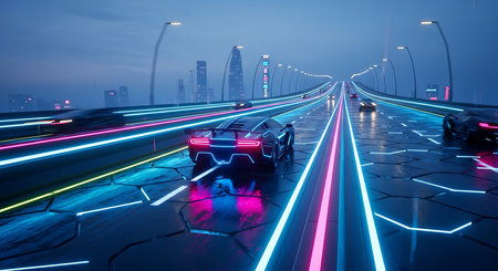 car on the road with motion blur and cityscape in the backgroundの素材