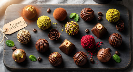 Assortment of delicious chocolate candies on wooden board, closeupの素材