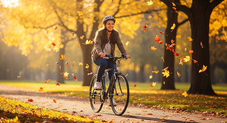 Happy young woman riding bicycle in autumn park with fallen maple leaves.の素材