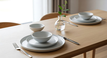 Table setting with plates, plates, glasses and cutlery on wooden tableの素材