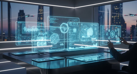 Businesswoman using tablet in modern office with double exposure of hologram screens. Toned imageの素材