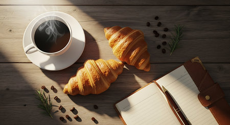 Coffee cup and croissants on wooden table, top viewの素材