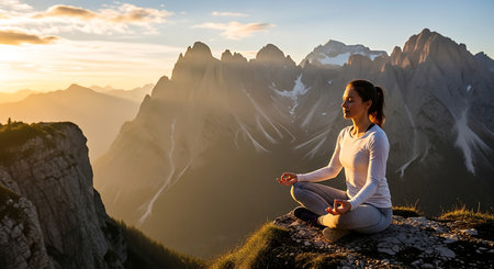 Woman practicing yoga in front of Dolomites mountains at sunset, Italyの素材