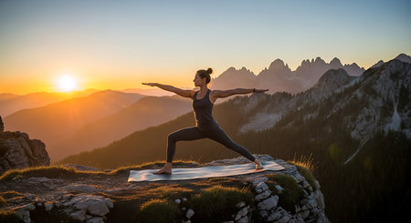 Woman practicing yoga on the top of a mountain at sunset. Healthy lifestyle.の素材