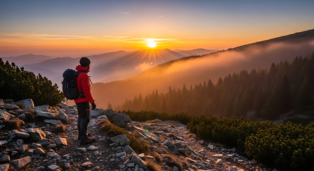 Hiker on the top of a mountain with a backpack and enjoying the sunriseの素材