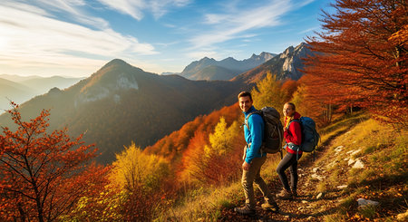 Hiking couple with backpacks on the trail in the autumn mountainsの素材