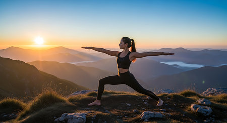 Silhouette of woman practicing yoga on top of a mountain during sunriseの素材