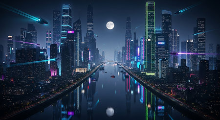 Night view of the modern city. 3d rendering toned image double exposureの素材