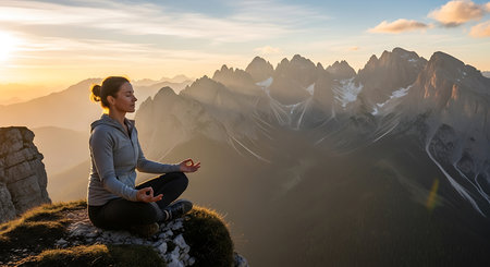 Young woman meditating on the top of a mountain during sunrise.の素材