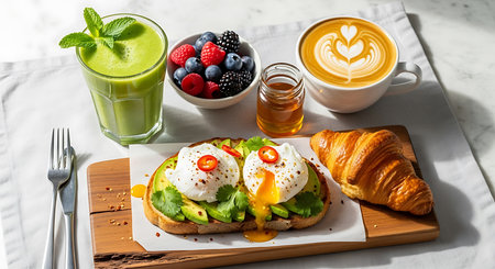 Breakfast with coffee, croissant, egg benedict and fruitsの素材