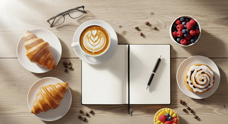 Coffee cup, croissant, notebook and glasses on wooden tableの素材