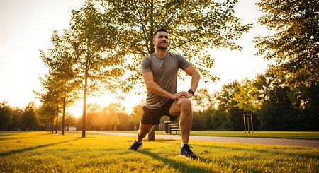 Athletic young man jogging in the park at sunsetの素材