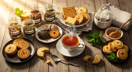 Tea set on a wooden background. Tea, biscuits, honey.の素材