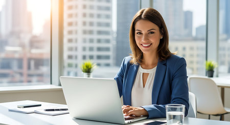 portrait of smiling businesswoman working with laptop at workplace in officeの素材