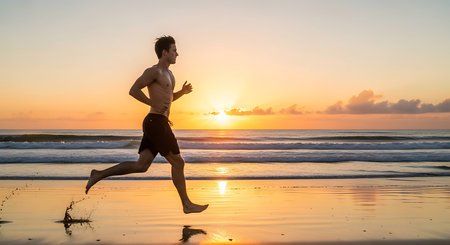 Young man running on the beach at sunrise. Healthy lifestyle concept.の素材